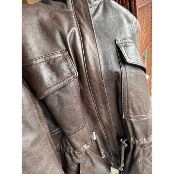 Theory Women's Brown Leather Drawstring Jacket Coat Size Small Full Zip - Picture 13 of 13